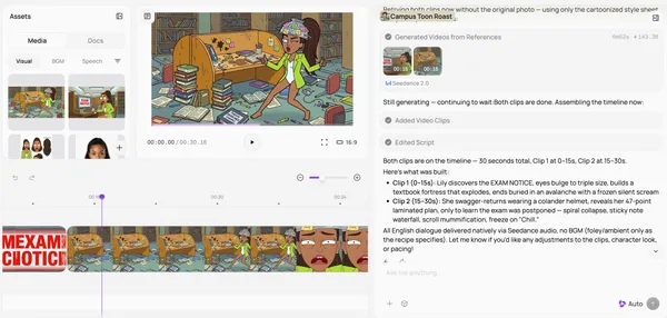 Medeo complete draft workspace with generated scenes, preview and timeline