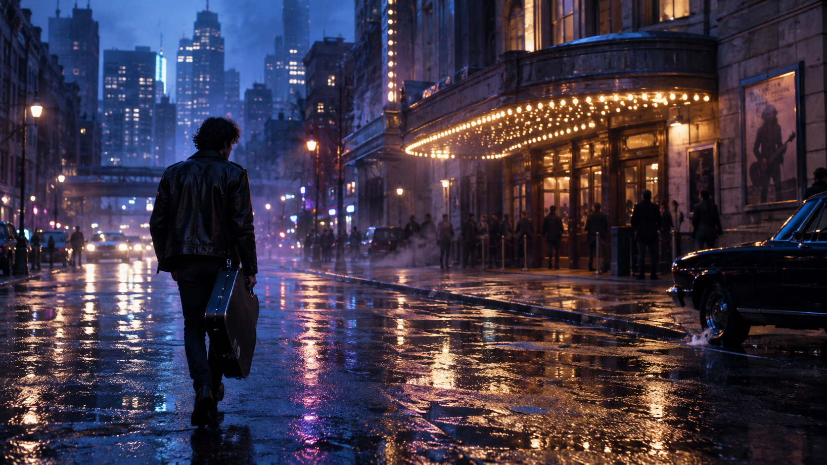 A cinematic music video in a rain-soaked city