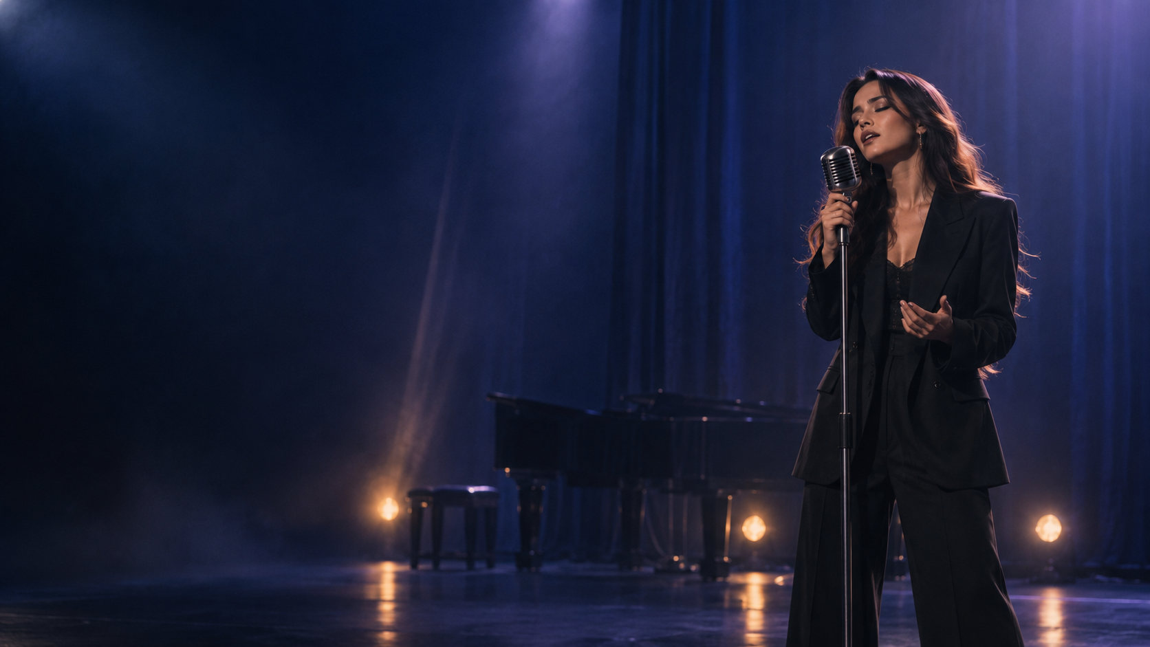 A singer performing during a lyric video chorus