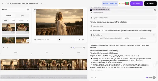 Medeo editor showing an idea developed into a video