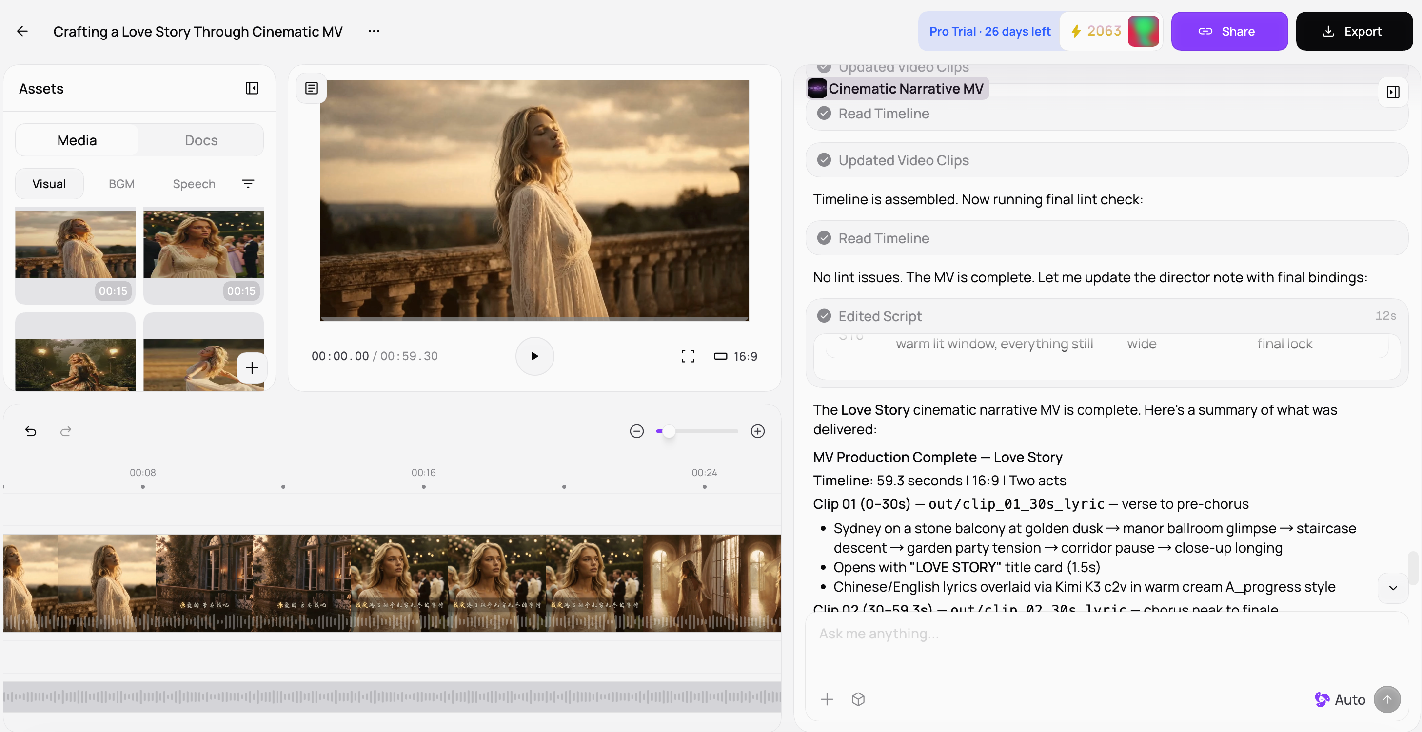 Medeo editor for reviewing, refining, and exporting a generated music video