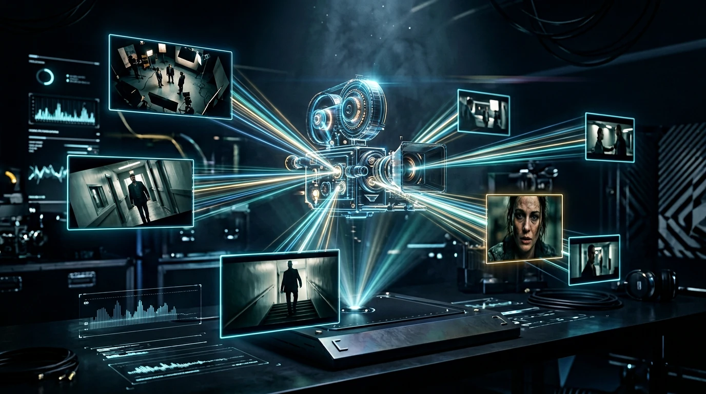 Cinematic storyboard with controlled camera angles and shot composition